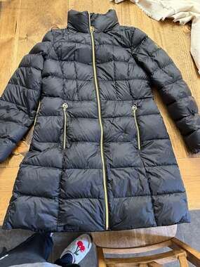 MICHAEL Michael Kors Packable Down Fill Puffer Jacket Long Black Gold Hardware